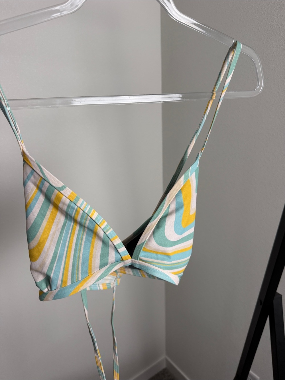 Jolyn Triangle Teal, Yellow & White Striped Triangle Bikini Top